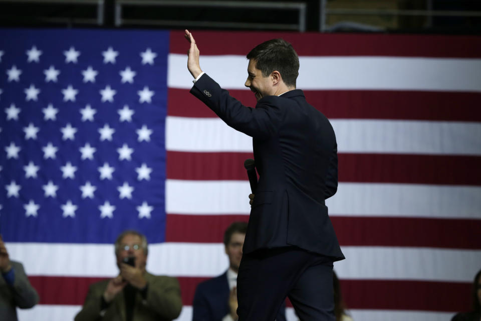 Democratic presidential candidate South Bend, Ind., Mayor Pete Buttigieg walks off stage after speaking at the Iowa Democratic Party's Liberty and Justice Celebration, Friday, Nov. 1, 2019, in Des Moines, Iowa. (AP Photo/Nati Harnik)