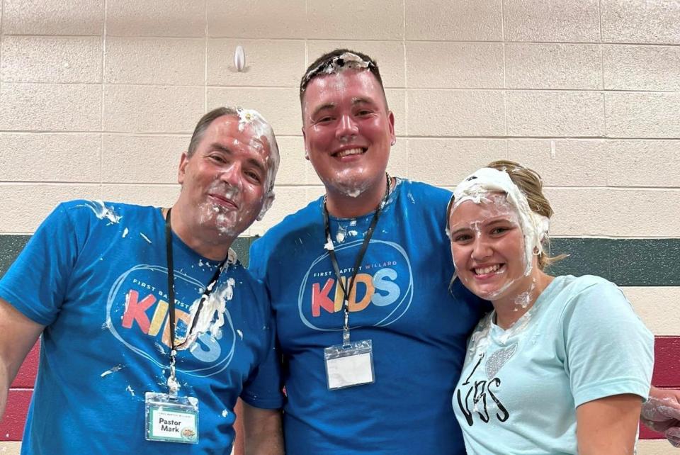 First Baptist Willard pastor Mark Milioni and summer 2023 Vacation Bible School leaders received a pie in the face after VBS students met fundraising goals this month.