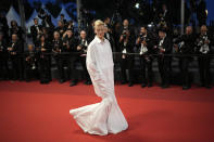 Tilda Swinton poses for photographers upon arrival at the premiere of the film 'R.M.N.' at the 75th international film festival, Cannes, southern France, Saturday, May 21, 2022. (AP Photo/Daniel Cole)