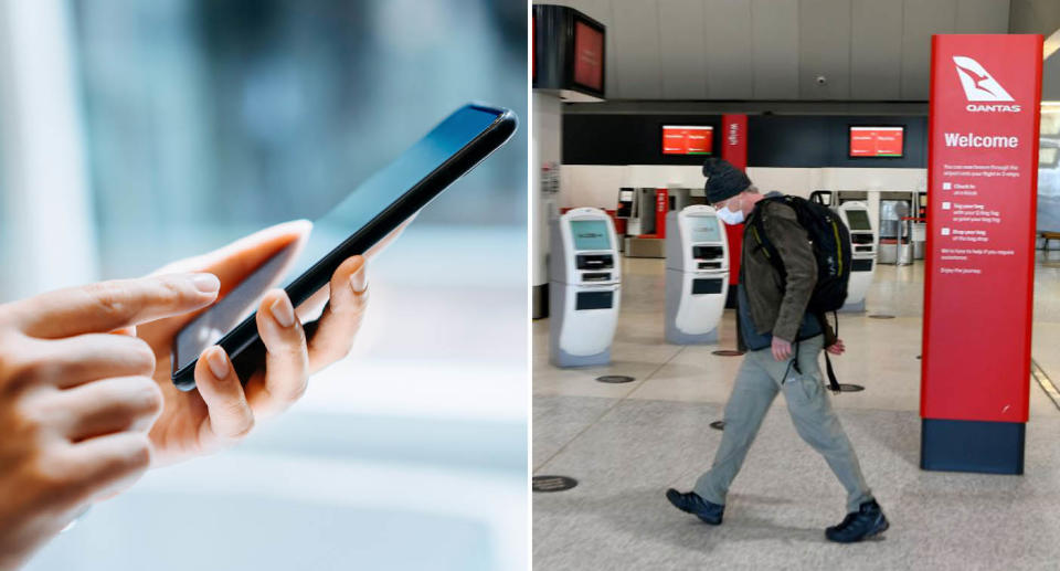 A woman holds a smartphone. Also pictured is a man walking through Melbourne Airport.