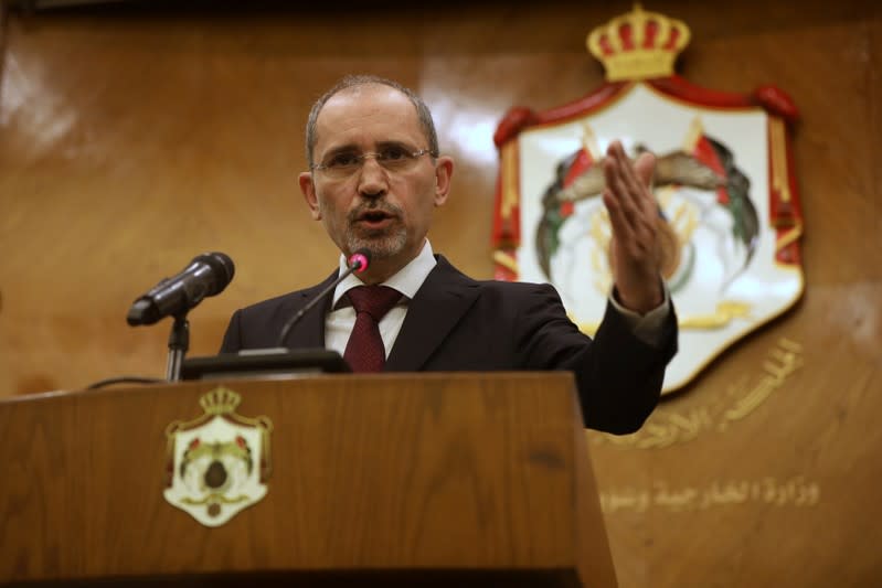 Jordanian Foreign Minister Ayman Safadi speaks during a news conference in Amman