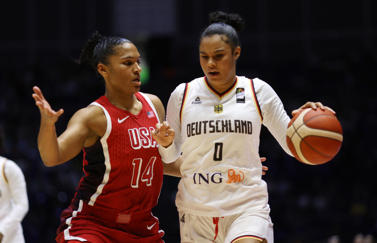 LONDON, ENGLAND - JULY 23: Satou Sabally of Germany and Alyssa Thomas of The United States  during the 2024 USA Basketball Showcase match between USA Women and Germany Women at The O2 Arena on July 23, 2024 in London, England. (Photo by Paul Harding/Getty Images)