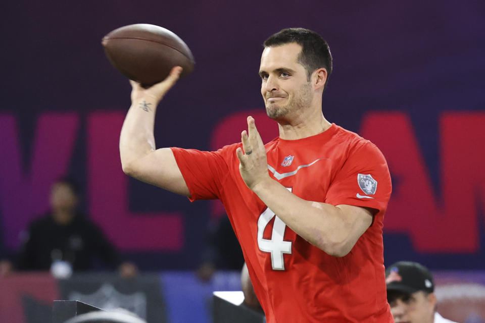 AFC quarterback Derek Carr (4) of the Las Vegas Raiders competes in the Precision Passing event during the Pro Bowl Games skills events, Thursday, Feb. 2, 2023, in Henderson, Nev. (Gregory Payan/AP Images for NFL)