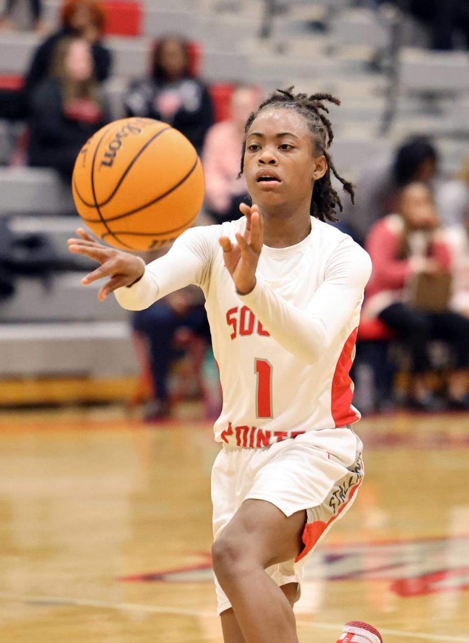 South Pointe’s Kaleigh Lucas passes the ball Tuesday, Feb. 13, 2024 in Rock Hill, S.C.