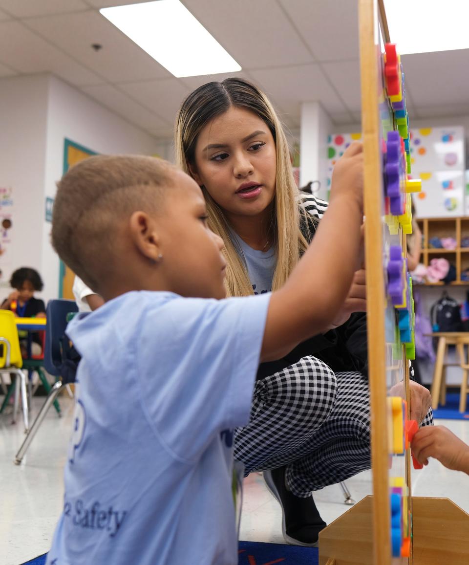 Melanie Garcia, a recent NW Classen graduate and the first participant in the OKCPS High School to Teacher Pipeline Program, in her role as a Pre-K teacher at Thelma R. Parks Elementary school Wednesday, August 17, 2022