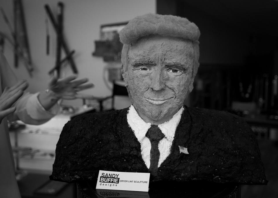 <p>A dryer-lint bust of Donald Trump is on display in Cleveland. (Photo: Khue Bui for Yahoo News)</p>