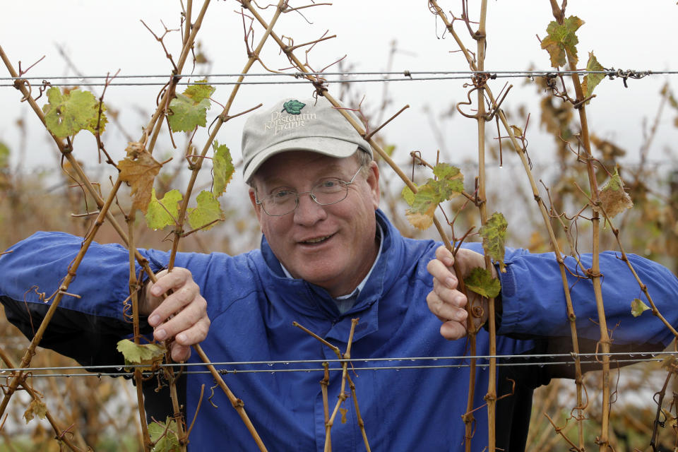 Fred Frank poses for a photo in his vineyard at Dr. Konstantin Frank Vinifera Wine Cellars in Hammondsport, N.Y., Tuesday, Oct. 23, 2012. Frank, grandson of Dr. Konstantin Frank, worries the region's carefully tended reputation is in danger if tourists who make the long trip up from the New York City area and elsewhere have to deal with traffic created by gas drilling. (AP Photo/David Duprey)