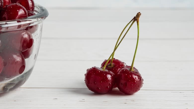 fresh red cherries on counter