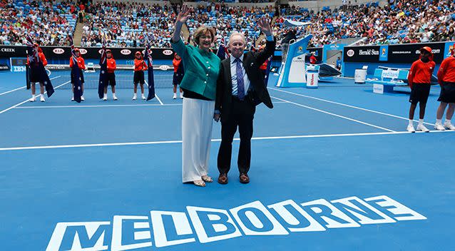 There have been calls to change the name of Melbourne's Margaret Court Arena after Margaret Court, pictured with fellow tennis great Rod Laver, said she would no longer fly Qantas because of the airline's support for marriage equality. Source AAP