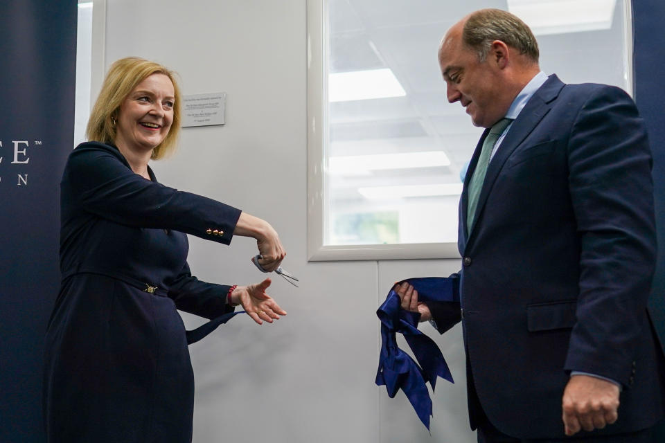 RETRANSMITTING REMOVING EMBARGO Liz Truss is joined by Defence Secretary Ben Wallace during a visit to the Reliance Precision engineering company in Huddersfield, Yorkshire, as part of the campaign to be leader of the Conservative Party and the next prime minister. Picture date: Monday August 8, 2022.