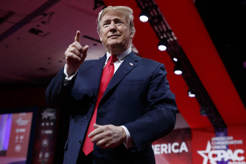 President Donald Trump looks to the cheering audience as he arrives to speak at Conservative Political Action Conference, CPAC 2019, in Oxon Hill, Md., Saturday, March 2, 2019. (AP Photo/Carolyn Kaster)