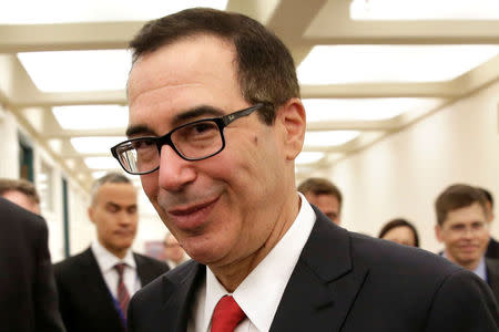 U.S. Treasury Secretary Steven Mnuchin arrives to meet with China's Finance Minister Xiao Jie during the IMF/World Bank spring meetings in Washington, U.S., April 21, 2017. REUTERS/Yuri Gripas