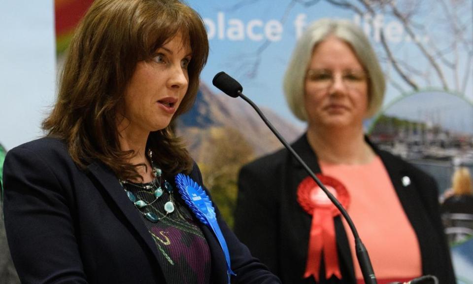 Labour Party candidate Gillian Troughton looks on as Conservative Party candidate Trudy Harrison speaks after winning the Copeland by-election.