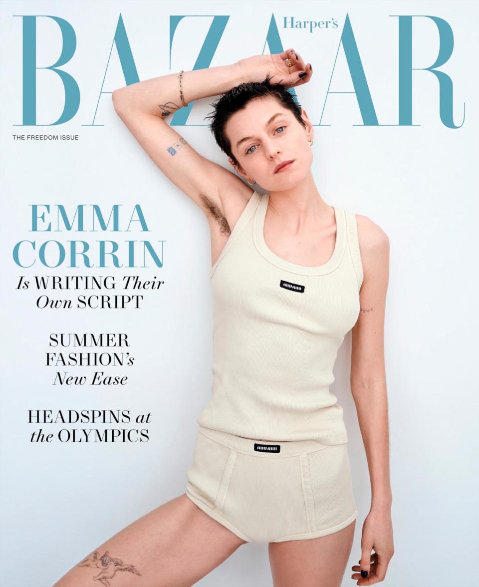 PHOTO: Emma Corrin Covers the Harper's BAZAAR June/July 2024 Freedom Issue. (Sam Rock/Harper’s BAZAAR)