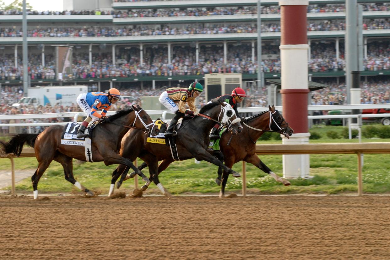 The horses come around the second turn at the 150th Kentucky Derby race Saturday. May 04, 2024