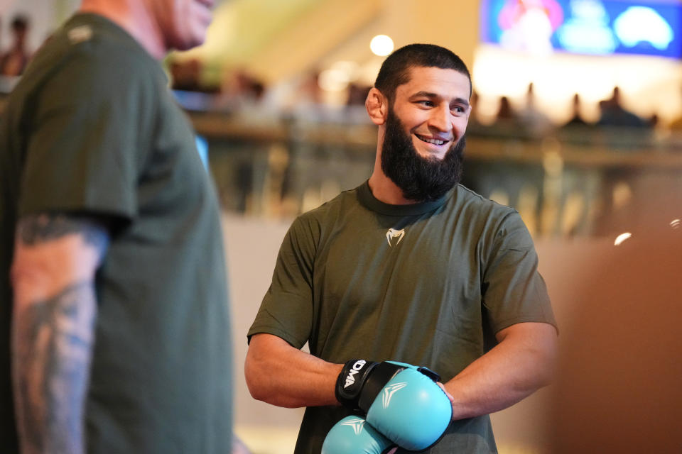 ABU DHABI, UNITED ARAB EMIRATES - OCTOBER 18:  Khamzat Chimaev of United Arab Emirates holds an open training session for fans and media during the UFC 294 open workouts at Yas Mall on October 18, 2023 in Yas Island, Abu Dhabi, United Arab Emirates.  (Photo by Chris Unger/Zuffa LLC via Getty Images)