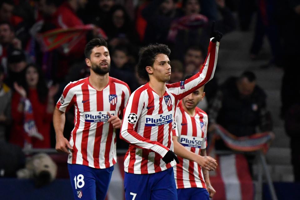 A first-half goal by Joao Felix (center) helped Atletico Madrid beat Lokomotiv Moscow and advance to the knockout stage of the UEFA Champions League. (Pierre-Philippe Marcou/Getty)