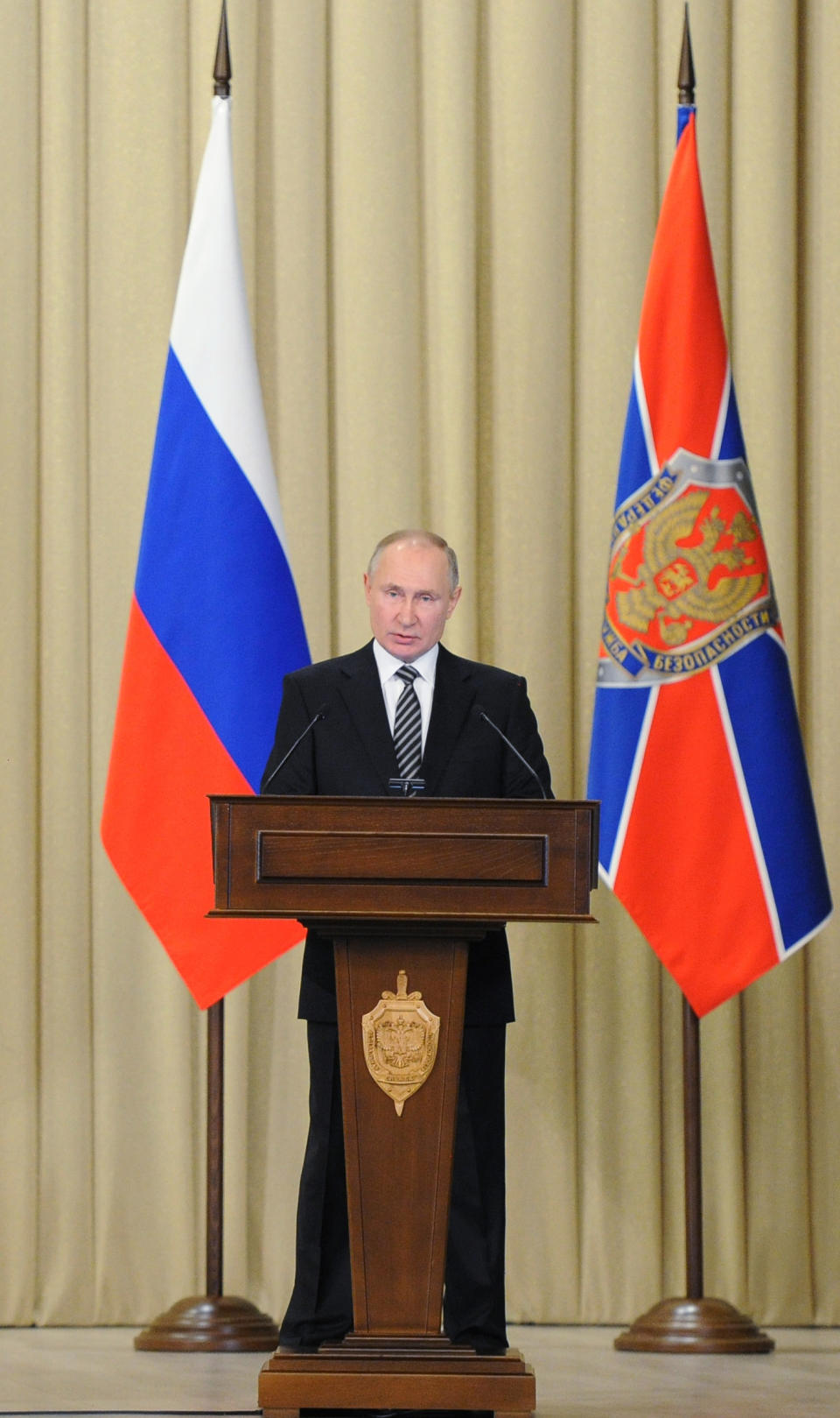 Russian President Vladimir Putin speaks during a meeting of the Federal Security Service (FSB) board in Moscow, Russia, on Wednesday, Feb. 24, 2021. (Alexei Druzhinin, Sputnik, Kremlin Pool Photo via AP)