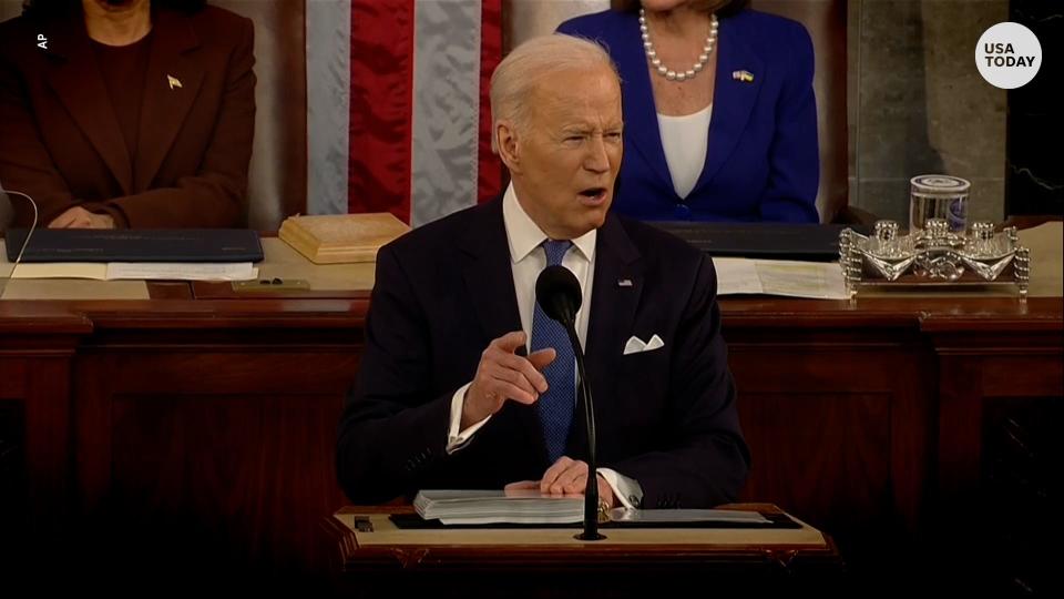 President Joe Biden speaks during a State of the Union address given Tuesday, March 1, 2022, at the U.S. Capitol in Washington. Biden focused much of the first part of his hour-long address speaking about U.S. efforts to place sanctions on Russia due to the Russian invasion of Ukraine.