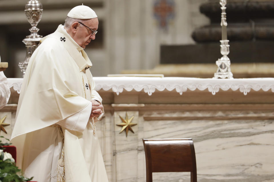 Pope Francis celebrates Mass on the occasion of the feast of Our Lady of Guadalupe, in St. Peter's Basilica at the Vatican, Wednesday, Dec. 12, 2018. (AP Photo/Andrew Medichini)