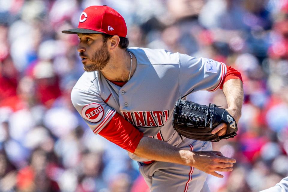 Cincinnati Reds starting pitcher Connor Overton (71) throws during the first inning of a baseball game against the Philadelphia Phillies, Sunday, April 9, 2023, in Philadelphia.