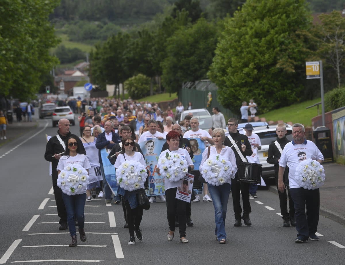 A large crowd attends a march to mark the 50th anniversary of the shooting dead of five people in Springhill, west Belfast. Picture date: Saturday July 9, 2022. (PA Wire)