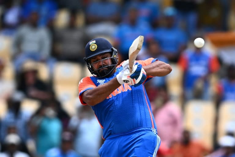 On the attack: India captain Rohit Sharma hits a four during his 92 against Australia in a T20 World Cup Super Eights match in St. Lucia (Chandan Khanna)