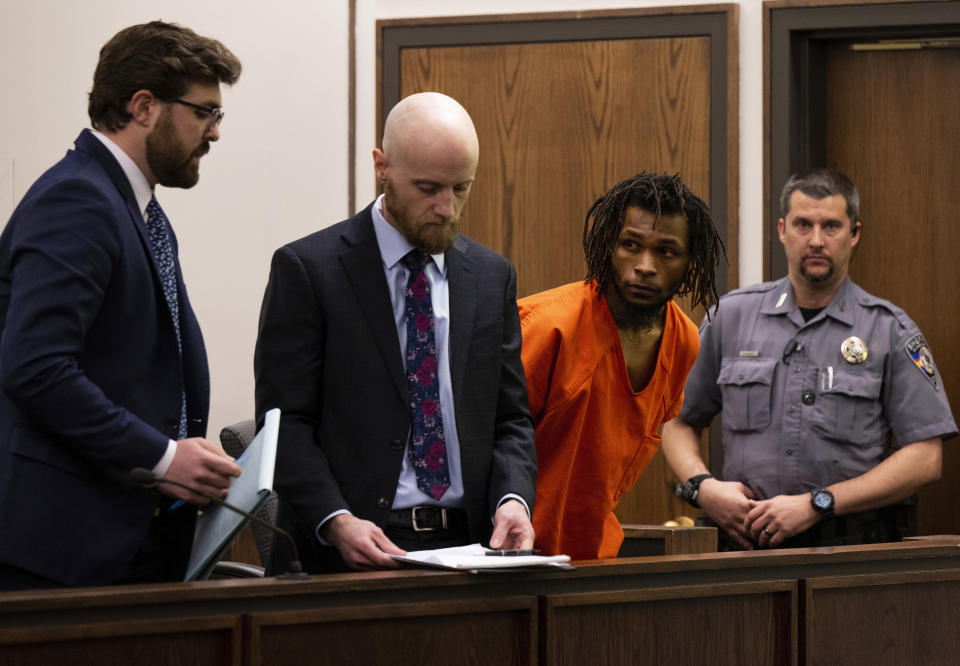 From left, Public Defenders William Patrick and Nick Rogers, represent Nicholas Jordan, 25, in El Paso County 4th Judicial Court, Friday, Feb. 23, 2024, in Colorado Springs, Colo. Jordan was arrested Monday, Feb. 19, in the deaths of his roommate, Samuel Knopp, 24, and Celie Rain Montgomery, 26, at the University of Colorado Colorado Springs. (Parker Seibold/The Gazette via AP, Pool)