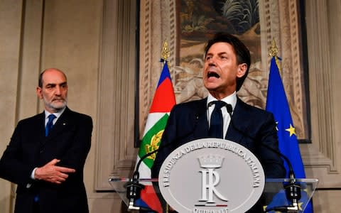 Italy's Prime minister candidate Giuseppe Conte addresses journalists after a meeting with Italy's President Sergio Mattarella on May 27 - Credit:  VINCENZO PINTO/ AFP