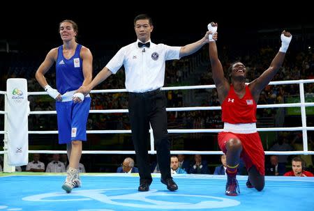 2016 Rio Olympics - Boxing - Final - Women's Middle (75kg) Final Bout 270 - Riocentro - Pavilion 6 - Rio de Janeiro, Brazil - 21/08/2016. Claressa Shields (USA) of USA reacts after winning her bout against Nouchka Fontijn (NED) of Netherlands. REUTERS/Peter Cziborra