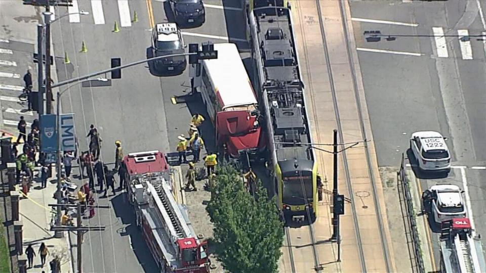 PHOTO: 55 people were injured after a Los Angeles Metro train collided with a USC bus, on April 30, 2024, in Los Angeles. (KABC)