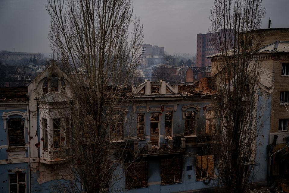 A destroyed and burnt residential building as the distance shelling continues in Bakhmut on Monday as the Russian attacks on the city intensify in the continuing war (AFP via Getty Images)