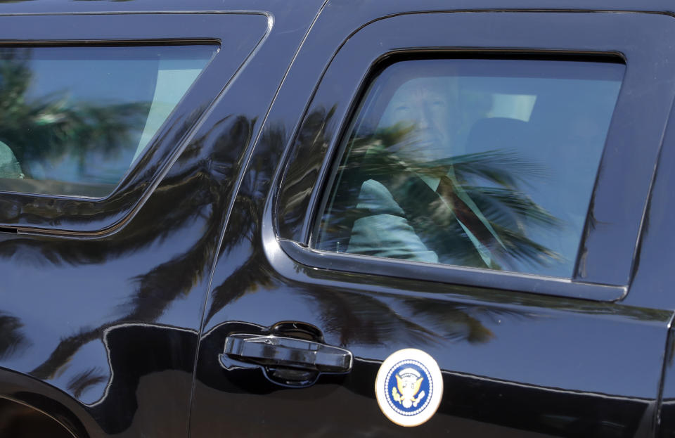 President Donald Trump and first lady Melania Trump depart after Easter services at the Episcopal Church of Bethesda-by-the-Sea, Sunday, April 16, 2017, in Palm Beach, Fla. (AP Photo/Alex Brandon)