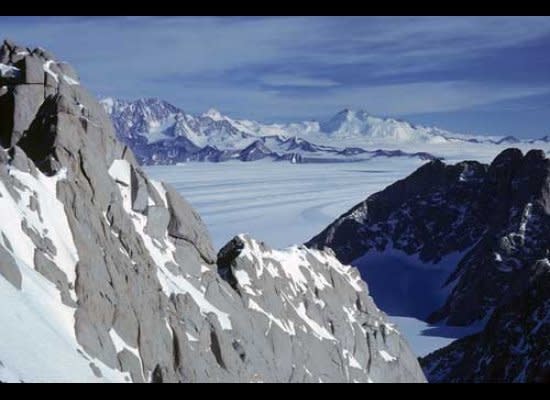 View from the shoulder of The Spectre across Scott Glacier (flowing left to right) to the Hays Mountains.