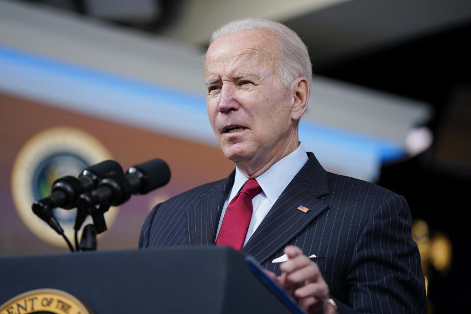 President Joe Biden delivers remarks on the economy in the South Court Auditorium on the White House campus, Tuesday, Nov. 23, 2021, in Washington. (AP Photo/Evan Vucci)