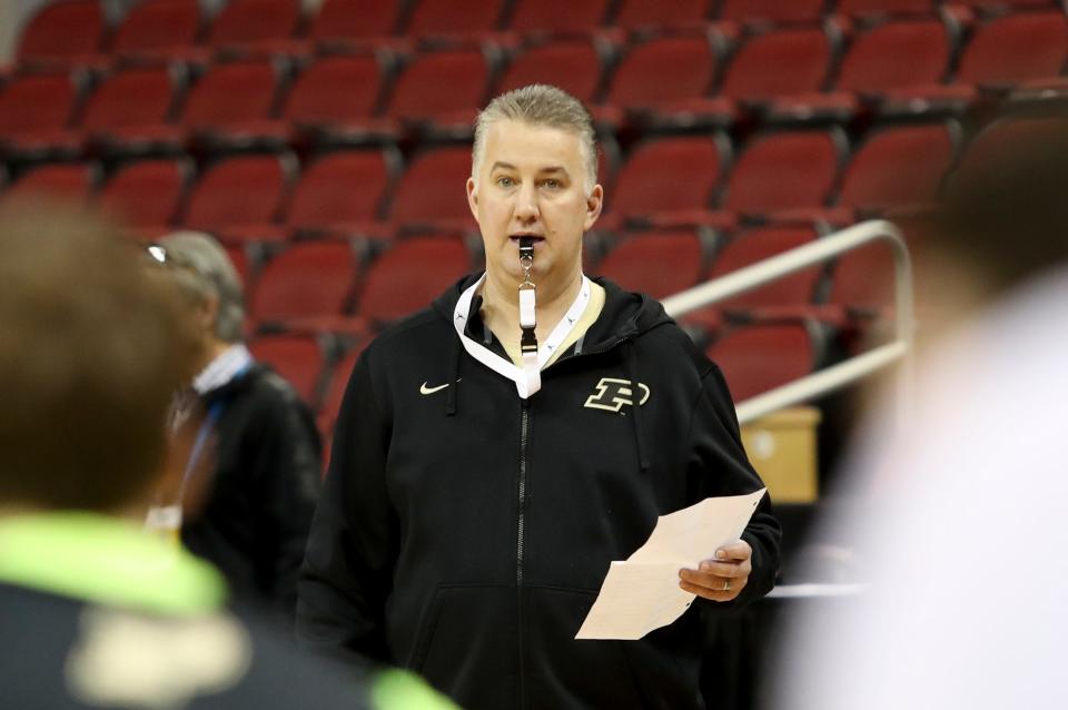 Purdue's coach Matt Painter leads practice on March 27 at the KFC Yum Center in Louisville, Ky. 