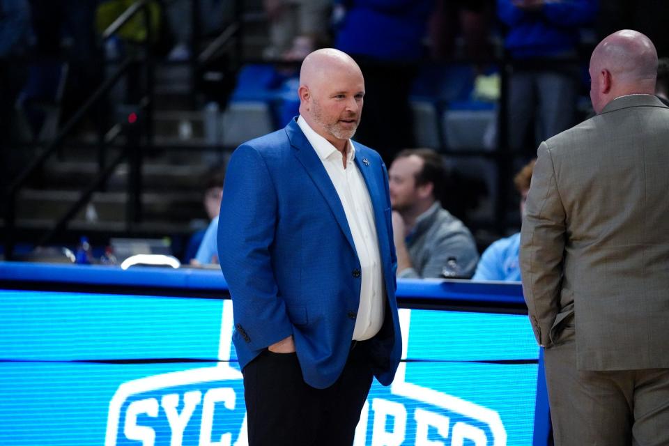 Indiana State basketball coach Josh Schertz during the Sycamores' win over Bradley on Saturday.