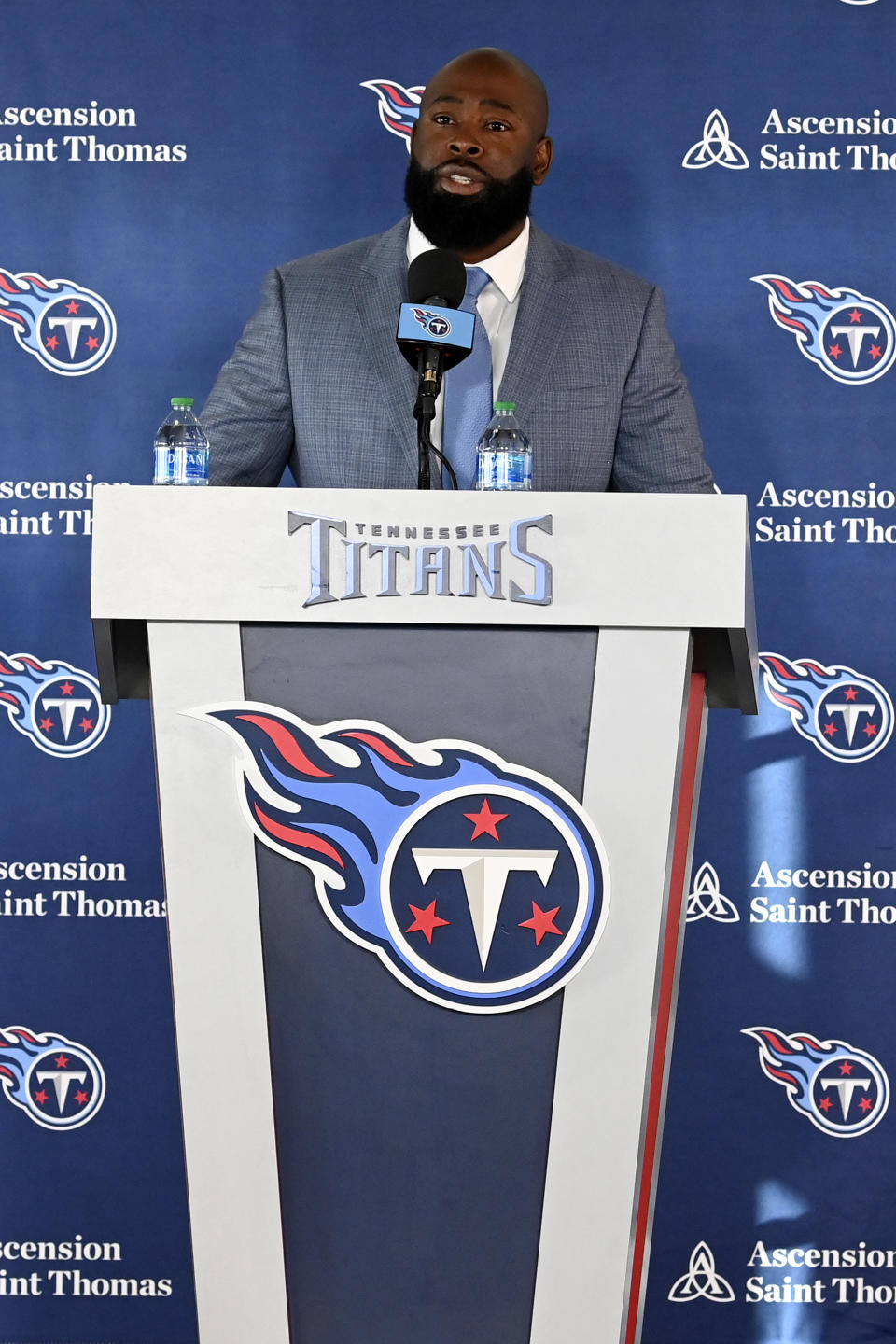 New Tennessee Titans NFL football team general manager Ran Carthon speaks during a news conference Friday, Jan. 20, 2023, in Nashville, Tenn. (AP Photo/Mark Zaleski)