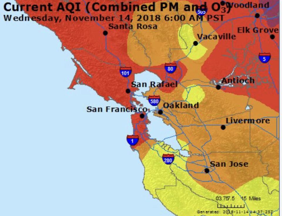 The San Francisco Department of Emergency Management released a map showing the air quality in the Bay Area two days ago. The air quality has worsened to