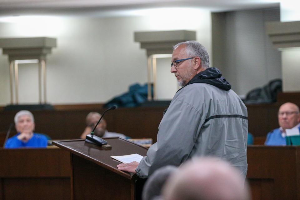 Marc Buhrmester, a town councilman from Dayton, tries to convince the Lafayette City Council to vote no on the voluntary annexation of the Carr family property into the City of Lafayette, at May's Lafayette City Council meeting, on Monday, May 1, 2023, in Lafayette, Ind.