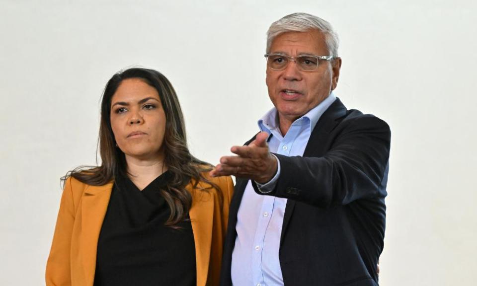 Country Liberal Party senator Jacinta Nampijinpa Price and Warren Mundine before a press conference.