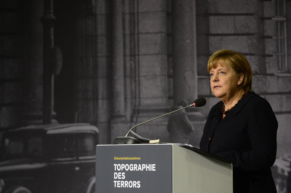 German Chancellor Angela Merkel gives a speech to inaugurat the exhibition 'Berlin 1933 On the Path to Dictatorship', tracing Adolf Hitler's rise to power in Germany in 1933 to mark 80 years since he became chancellor, on January 30, 2013 at the open-air documentation center Topographie des Terrors in Berlin. (JOHN MACDOUGALL/AFP/Getty Images)