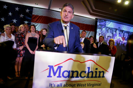 Senator Joe Manchin (D-WV) speaks after winning the 2018 midterm elections in Charlestown, West Virginia, U.S., November 6, 2018. REUTERS/Joshua Roberts