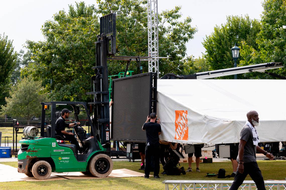 Crews set up for the broadcast of College GameDay at Gamecock Park on Thursday Sept. 12, 2024.