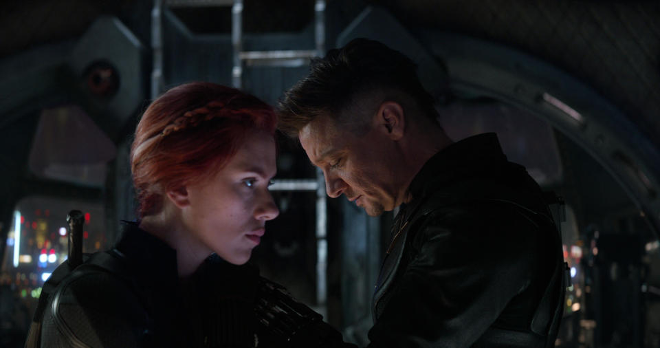 This image released by Disney shows Scarlett Johansson, left, and Jeremy Renner in a scene from "Avengers: Endgame." (Disney/Marvel Studios via AP)