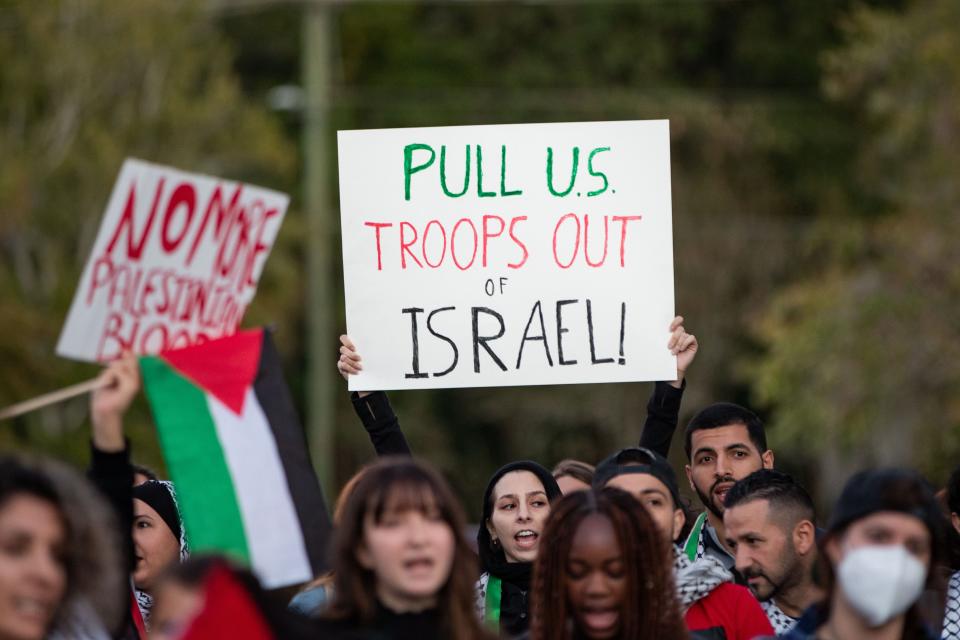 A couple hundred people gathered in a parking lot across from Cascades Park to show support for Palestine and protest aid being sent to Israel on Wednesday, Oct. 18, 2023.