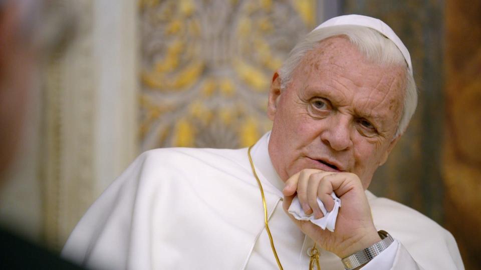 Anthony Hopkins in "The Two Popes," a 2019 movie about the relationship between an outgoing pope (Benedict, played by Hopkins) and a future one (Francis, played by Jonathan Pryce).