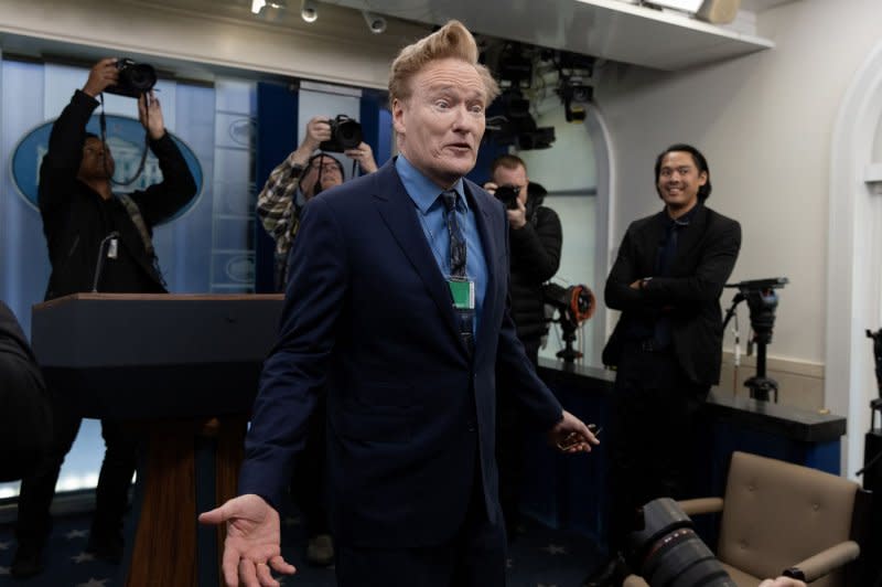 Comedian and television host Conan O'Brien speaks with members of the news media in the James Brady Press Briefing Room during a visit to the White House in Washington, D.C., on Friday. O'Brien earlier interviewed President Joe Biden for his "Conan O'Brien Needs a Friend" podcast. Photo by Michael Reynolds/UPI