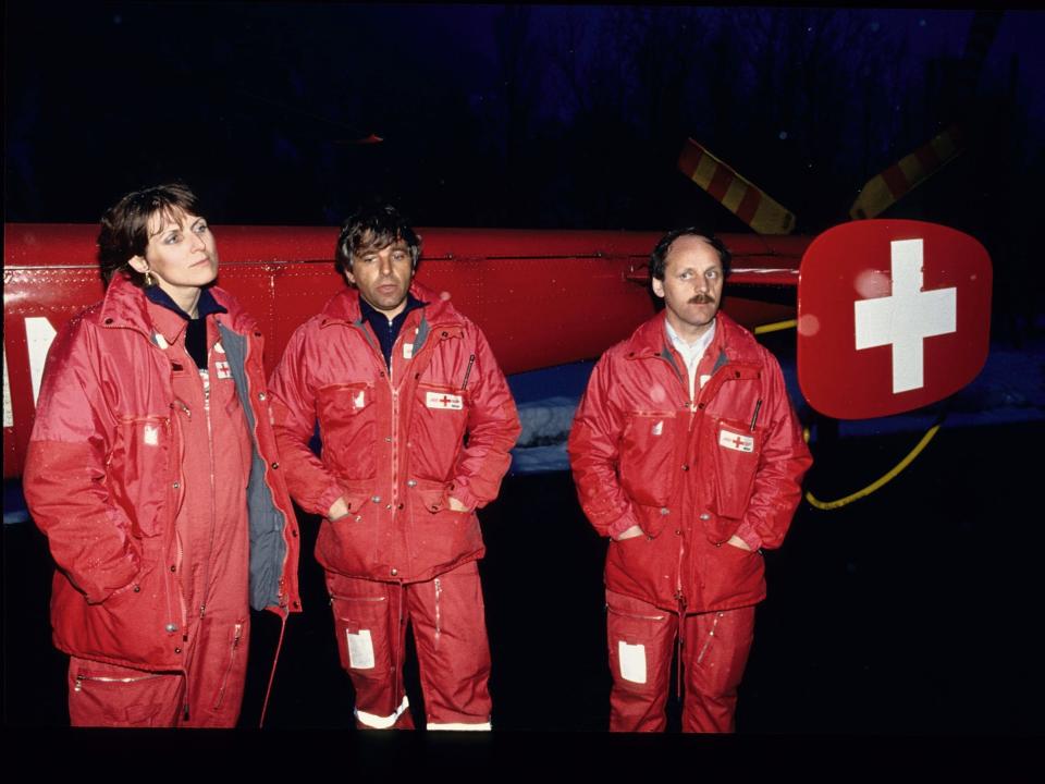 REGA rescue team after deployment in March 1988 (Prince Charles Avalanches - Klosters, Switzerland)