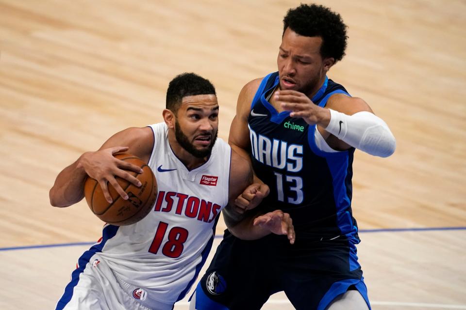 Pistons guard Cory Joseph works to the basket against Mavericks guard Jalen Brunson during the second half on Wednesday, April 21, 2021, in Dallas.